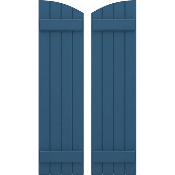 Ekena Millwork 14"W x 49"H Americraft Four Board (2 Batten) Exterior Real Wood Joined Board-n-Batten Shutters w/ Elliptical Top (Per Pair), Sojourn Blue