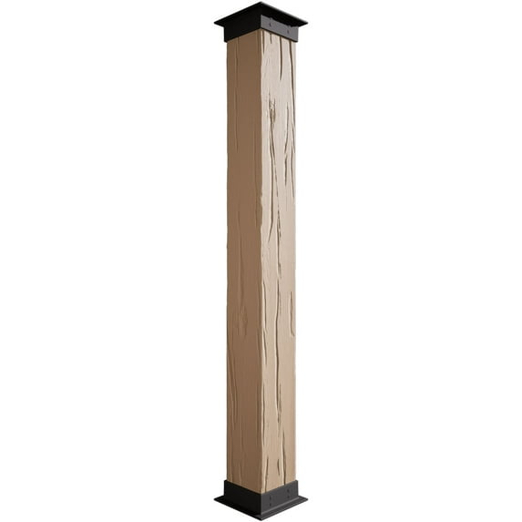 Ekena Millwork 14"W x 5'H River Wood Endurathane Faux Wood Non-Tapered Square Column Wrap with Faux Iron Capital & Base