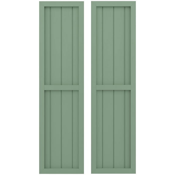 Ekena Millwork 14"W x 52"H Americraft Four Board Exterior Real Wood Two Equal Panel Framed Board-n-Batten Shutters (Per Pair), Track Green