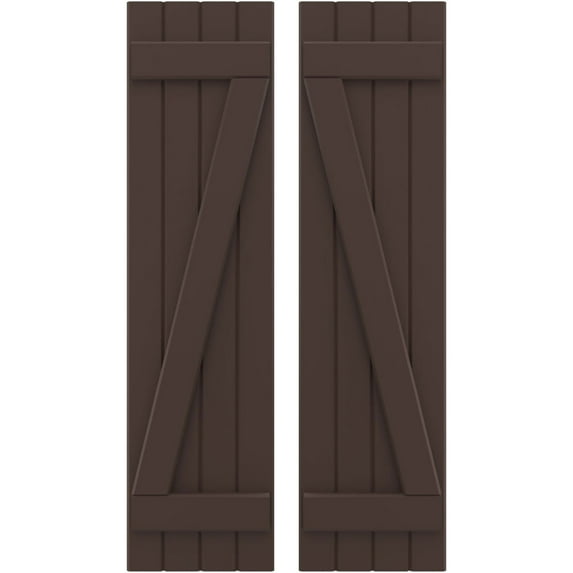 Ekena Millwork 14"W x 53"H Americraft Four Board (2 Batten) Exterior Real Wood Joined Board-n-Batten Shutters w/ Z-Bar (Per Pair), Raisin Brown