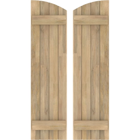 Ekena Millwork 14"W x 55"H Americraft Four Board (2 Batten) Exterior Real Wood Joined Board-n-Batten Shutters w/ Elliptical Top (Per Pair), Unfinished