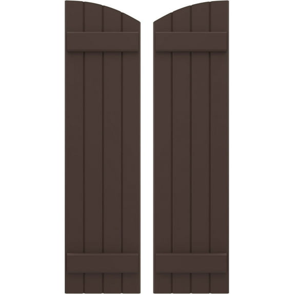 Ekena Millwork 14"W x 59"H Americraft Four Board (2 Batten) Exterior Real Wood Joined Board-n-Batten Shutters w/ Elliptical Top (Per Pair), Raisin Brown