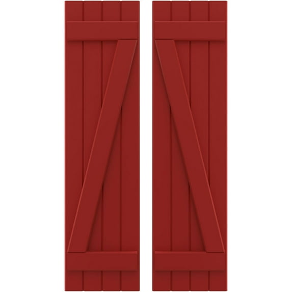Ekena Millwork 14"W x 61"H Americraft Four Board (2 Batten) Exterior Real Wood Joined Board-n-Batten Shutters w/ Z-Bar (Per Pair), Fire Red