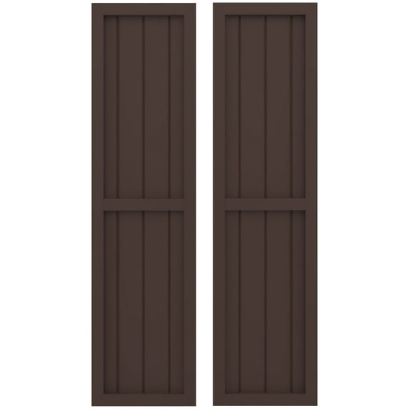 Ekena Millwork 14"W x 65"H Americraft Four Board Exterior Real Wood Two Equal Panel Framed Board-n-Batten Shutters (Per Pair), Raisin Brown