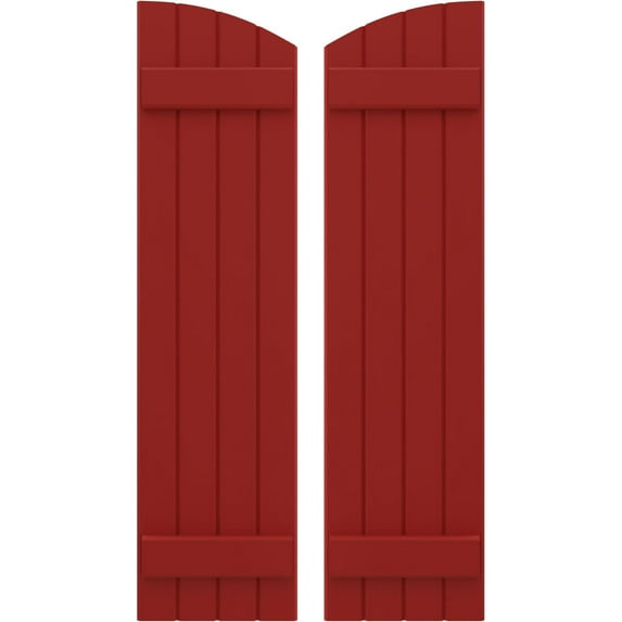 Ekena Millwork 14"W x 67"H Americraft Four Board (2 Batten) Exterior Real Wood Joined Board-n-Batten Shutters w/ Elliptical Top (Per Pair), Fire Red