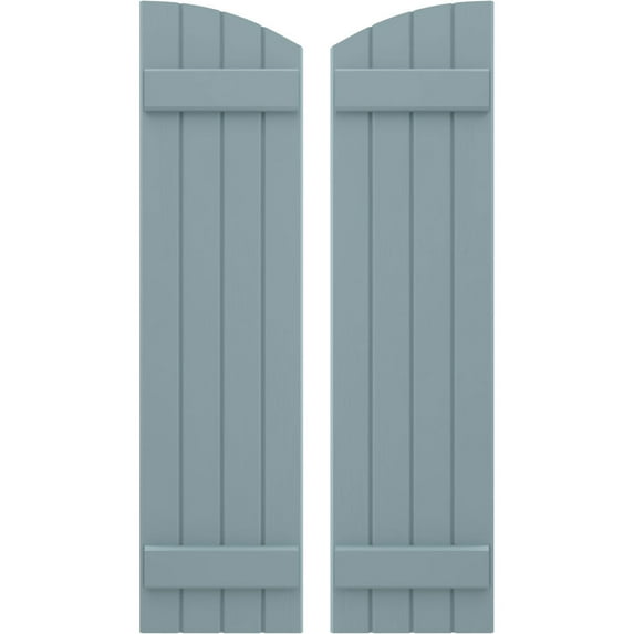 Ekena Millwork 14"W x 67"H Americraft Four Board (2 Batten) Exterior Real Wood Joined Board-n-Batten Shutters w/ Elliptical Top (Per Pair), Peaceful Blue