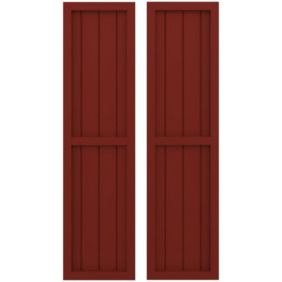 Ekena Millwork 14"W x 67"H Americraft Four Board Exterior Real Wood Two Equal Panel Framed Board-n-Batten Shutters (Per Pair), Pepper Red