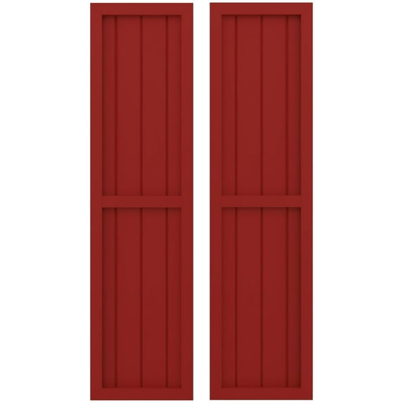 Ekena Millwork 14"W x 69"H Americraft Four Board Exterior Real Wood Two Equal Panel Framed Board-n-Batten Shutters (Per Pair), Fire Red