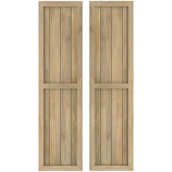 Ekena Millwork 14"W x 73"H Americraft Four Board Exterior Real Wood Two Equal Panel Framed Board-n-Batten Shutters (Per Pair), Unfinished