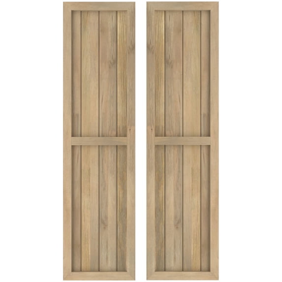 Ekena Millwork 14"W x 75"H Americraft Four Board Exterior Real Wood Two Equal Panel Framed Board-n-Batten Shutters (Per Pair), Unfinished