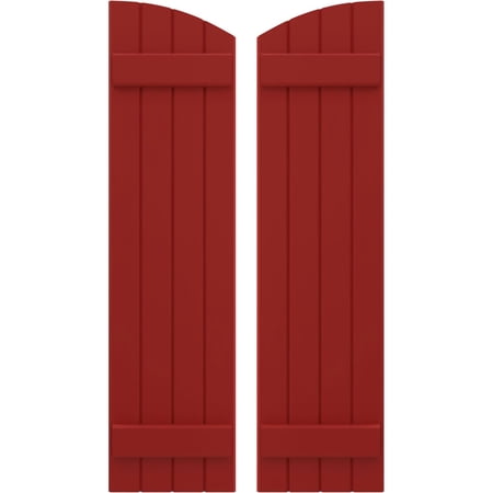Ekena Millwork 14"W x 76"H Americraft Four Board (2 Batten) Exterior Real Wood Joined Board-n-Batten Shutters w/ Elliptical Top (Per Pair), Fire Red