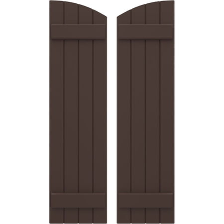 Ekena Millwork 14"W x 77"H Americraft Four Board (2 Batten) Exterior Real Wood Joined Board-n-Batten Shutters w/ Elliptical Top (Per Pair), Raisin Brown