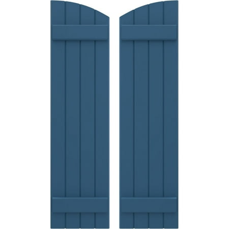 Ekena Millwork 14"W x 79"H Americraft Four Board (2 Batten) Exterior Real Wood Joined Board-n-Batten Shutters w/ Elliptical Top (Per Pair), Sojourn Blue