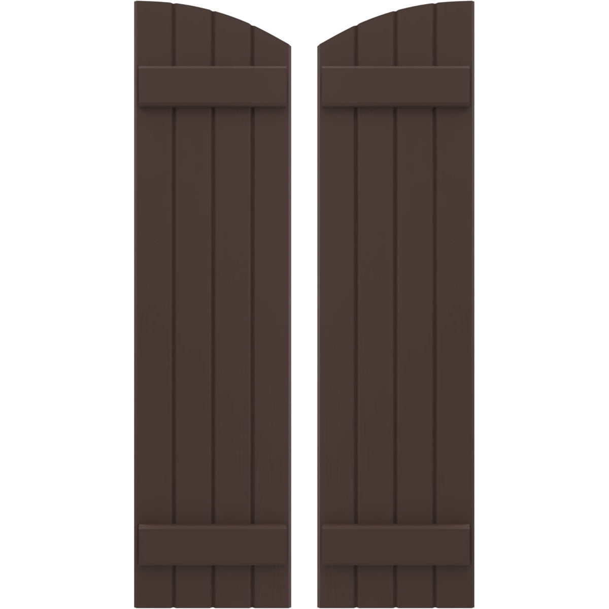 Ekena Millwork 14"W x 81"H Americraft Four Board (2 Batten) Exterior Real Wood Joined Board-n-Batten Shutters w/ Elliptical Top (Per Pair), Raisin Brown