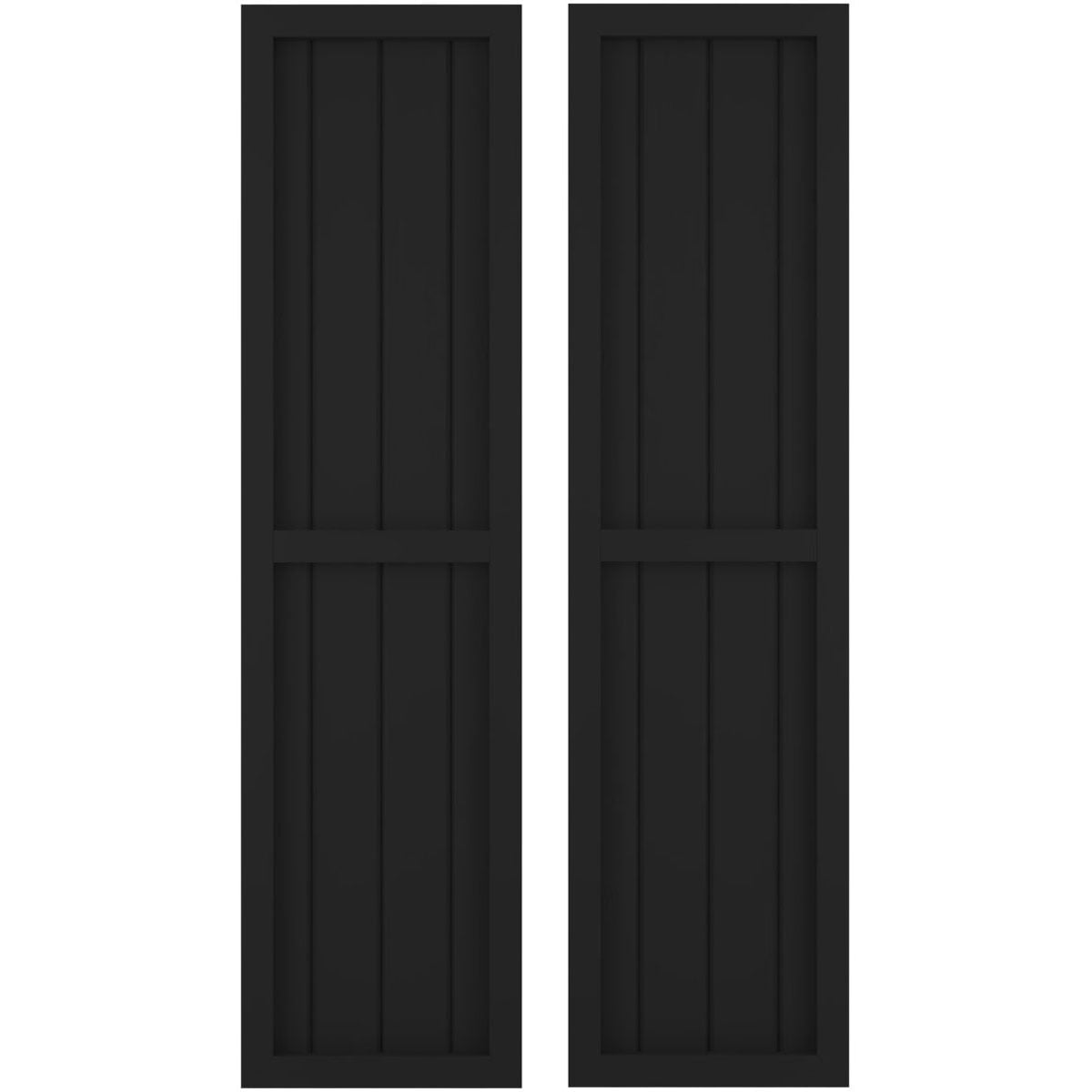 Ekena Millwork 14"W x 84"H Americraft Four Board Exterior Real Wood Two Equal Panel Framed Board-n-Batten Shutters (Per Pair), Black
