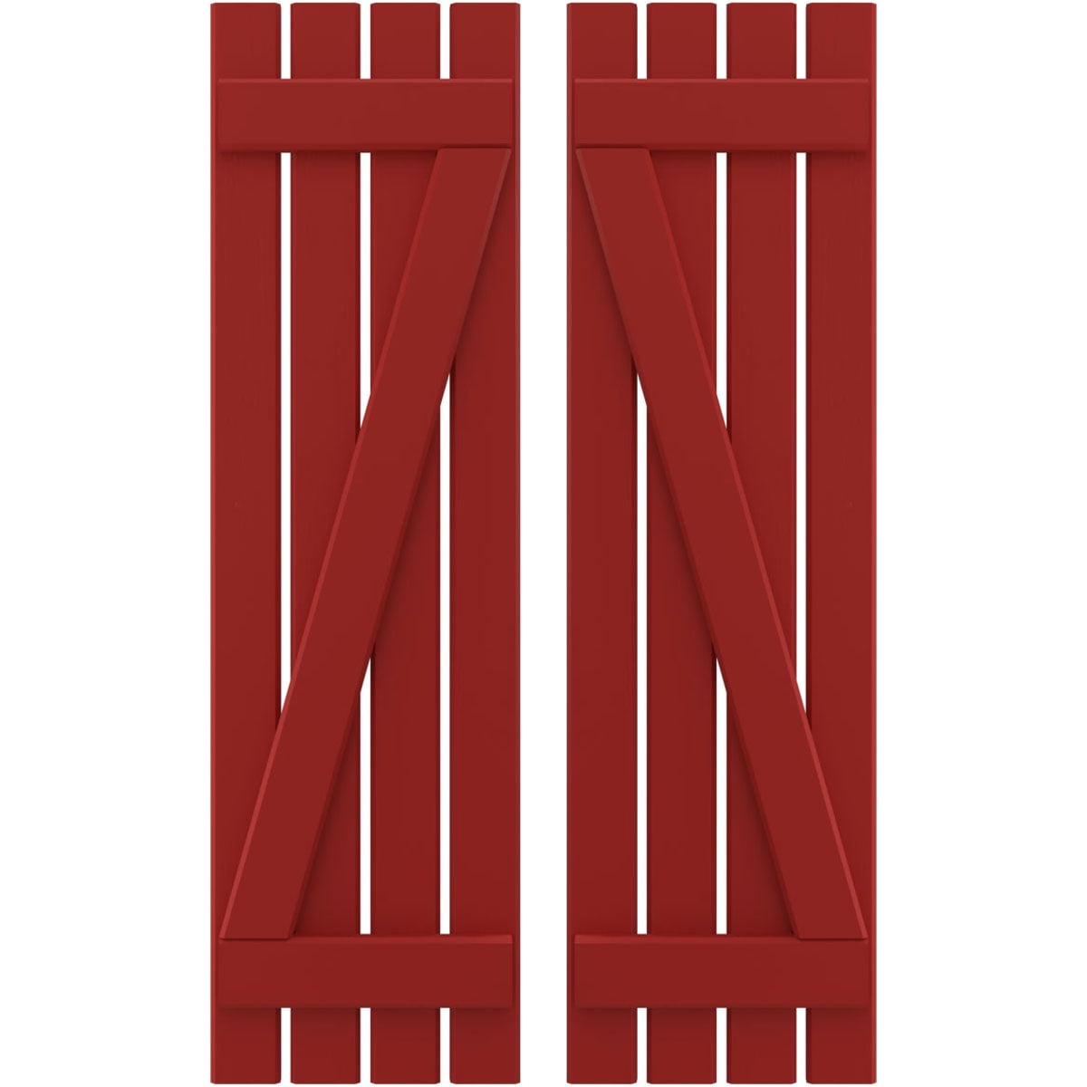 Ekena Millwork 15 1/2"W x 44"H Americraft Four Board (2 Batten) Exterior Real Wood Spaced Board-n-Batten Shutters w/ Z-Bar (Per Pair), Fire Red