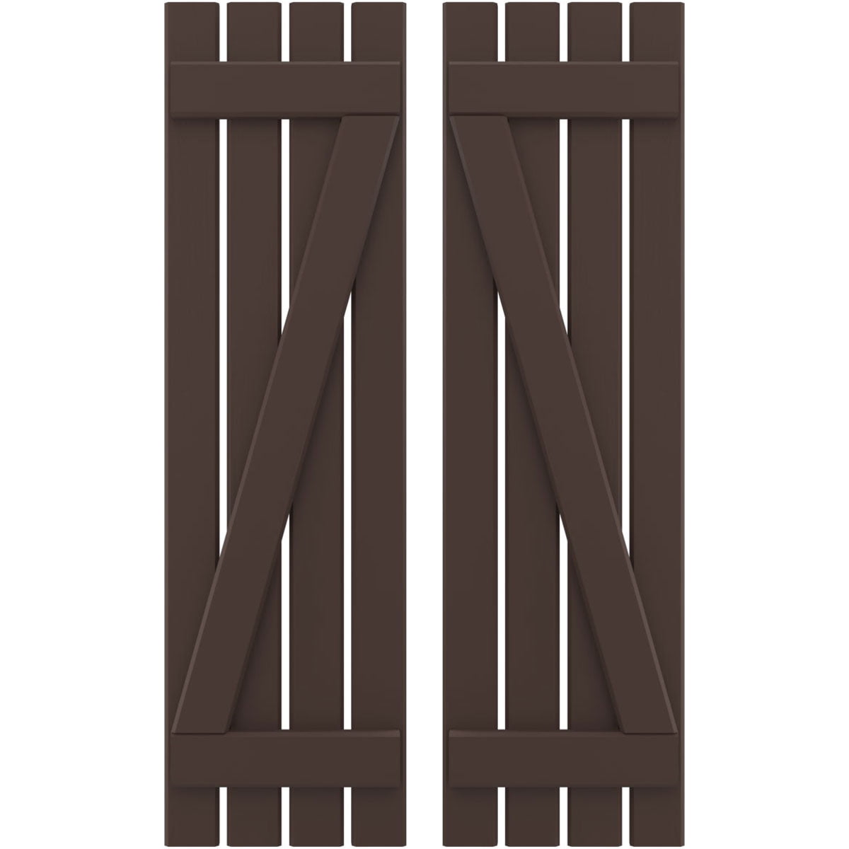Ekena Millwork 15 1/2"W x 49"H Americraft Four Board (2 Batten) Exterior Real Wood Spaced Board-n-Batten Shutters w/ Z-Bar (Per Pair), Raisin Brown