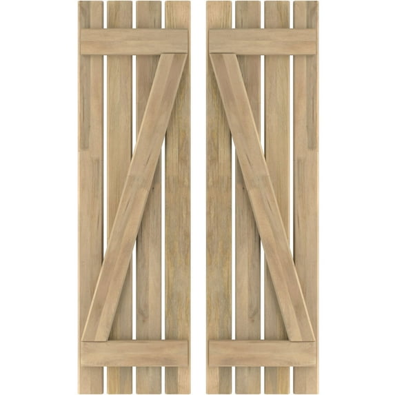 Ekena Millwork 15 1/2"W x 66"H Americraft Four Board (2 Batten) Exterior Real Wood Spaced Board-n-Batten Shutters w/ Z-Bar (Per Pair), Unfinished