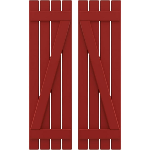 Ekena Millwork 15 1/2"W x 81"H Americraft Four Board (2 Batten) Exterior Real Wood Spaced Board-n-Batten Shutters w/ Z-Bar (Per Pair), Fire Red