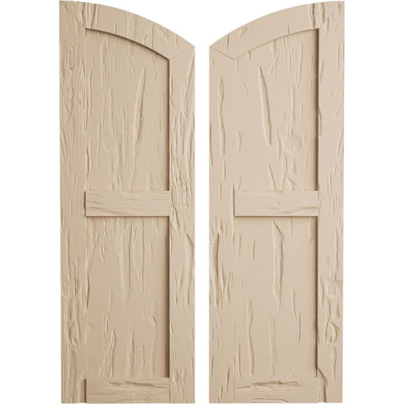 Ekena Millwork 15"W x 24"H (19" Low Side) Timberthane Pecky Cypress Two Equal Flat Panel w/Elliptical Top Faux Wood Shutters (Per Pair), Primed Tan