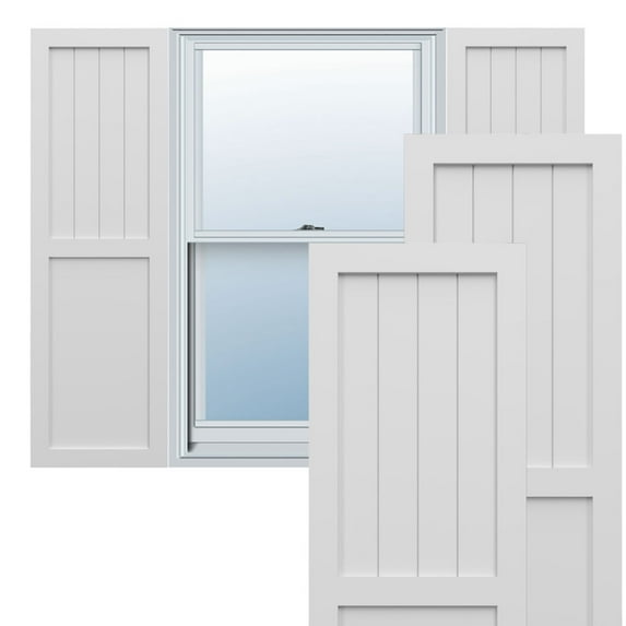 Ekena Millwork 15"W x 31"H True Fit PVC Farmhouse/Flat Panel Combination Fixed Mount Shutters, White (Per Pair - Hardware Not Included)