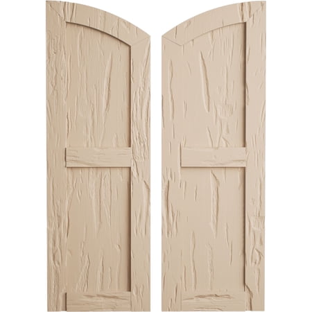 Ekena Millwork 15"W x 38"H (33" Low Side) Timberthane Pecky Cypress Two Equal Flat Panel w/Elliptical Top Faux Wood Shutters (Per Pair), Primed Tan