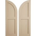 thumbnail image 1 of Ekena Millwork 15"W x 40"H (25" Low Side) Timberthane Rough Sawn Two Equal Flat Panel w/Quarter Round Arch Top Faux Wood Shutters (Per Pair), Primed Tan, 1 of 6
