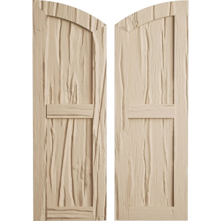 Ekena Millwork 15"W x 40"H (35" Low Side) Timberthane Riverwood Two Equal Flat Panel w/Elliptical Top Faux Wood Shutters (Per Pair), Primed Tan