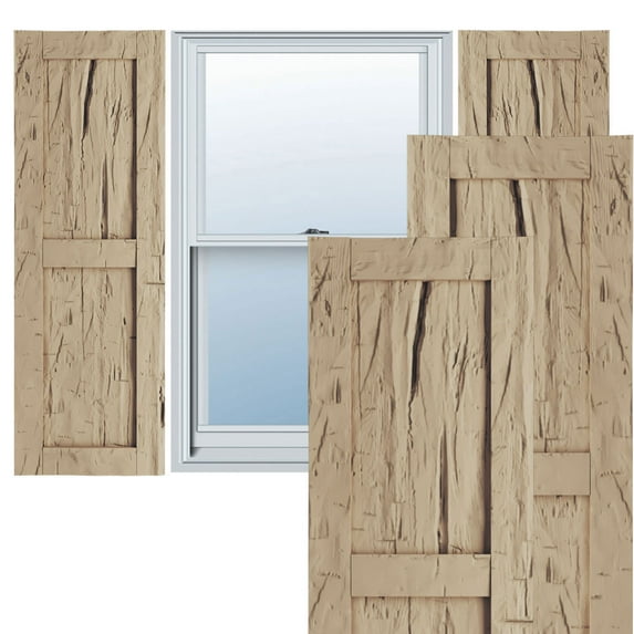 Ekena Millwork 15"W x 42"H Rustic Two Equal Panel Flat Panel Hand Hewn Faux Wood Shutters (Per Pair), Primed Tan