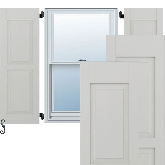 Ekena Millwork 15"W x 43"H Americraft Two Equal Raised Panel Exterior Real Wood Shutters (Per Pair), Hailstorm Gray