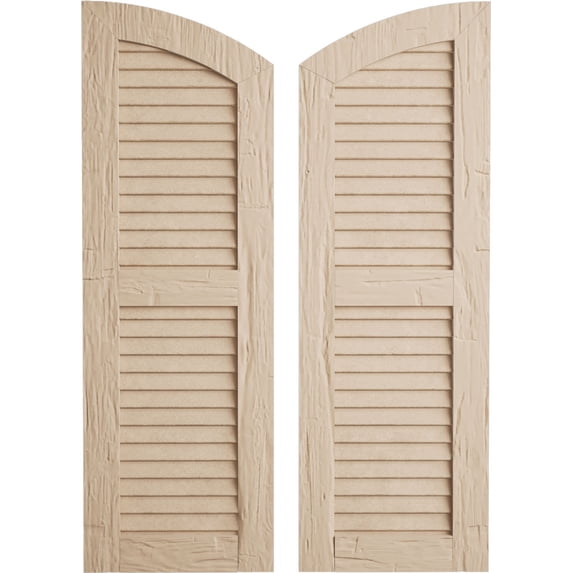 Ekena Millwork 15"W x 44"H (39" Low Side) Timberthane Hand Hewn Two Equal Louver w/Elliptical Top Faux Wood Shutters (Per Pair), Primed Tan