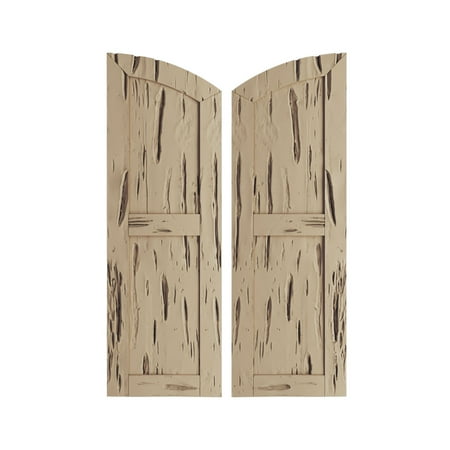 Ekena Millwork 15"W x 44"H (39" Low Side) Timberthane Pecky Cypress Two Equal Flat Panel w/Elliptical Top Faux Wood Shutters (Per Pair), Primed Tan