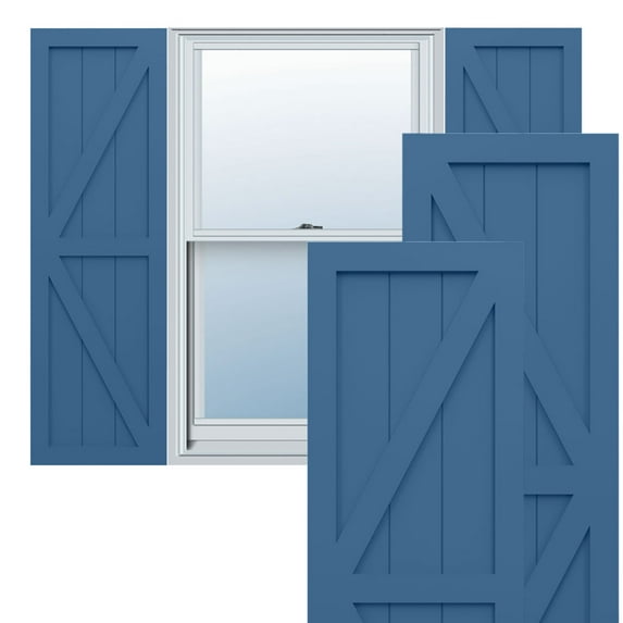 Ekena Millwork 15"W x 45"H True Fit PVC Two Equal Panel Farmhouse Fixed Mount Shutters w/ Z-Bar, Sojourn Blue (Per Pair - Hardware Not Included)