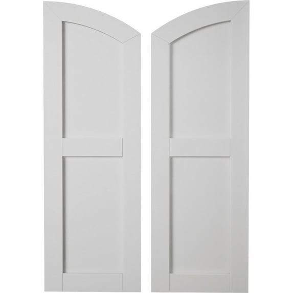 Ekena Millwork 15"W x 46"H (41" Low Side) Timberthane Smooth Two Equal Flat Panel w/Elliptical Top Faux Wood Shutters (Per Pair), Primed Tan