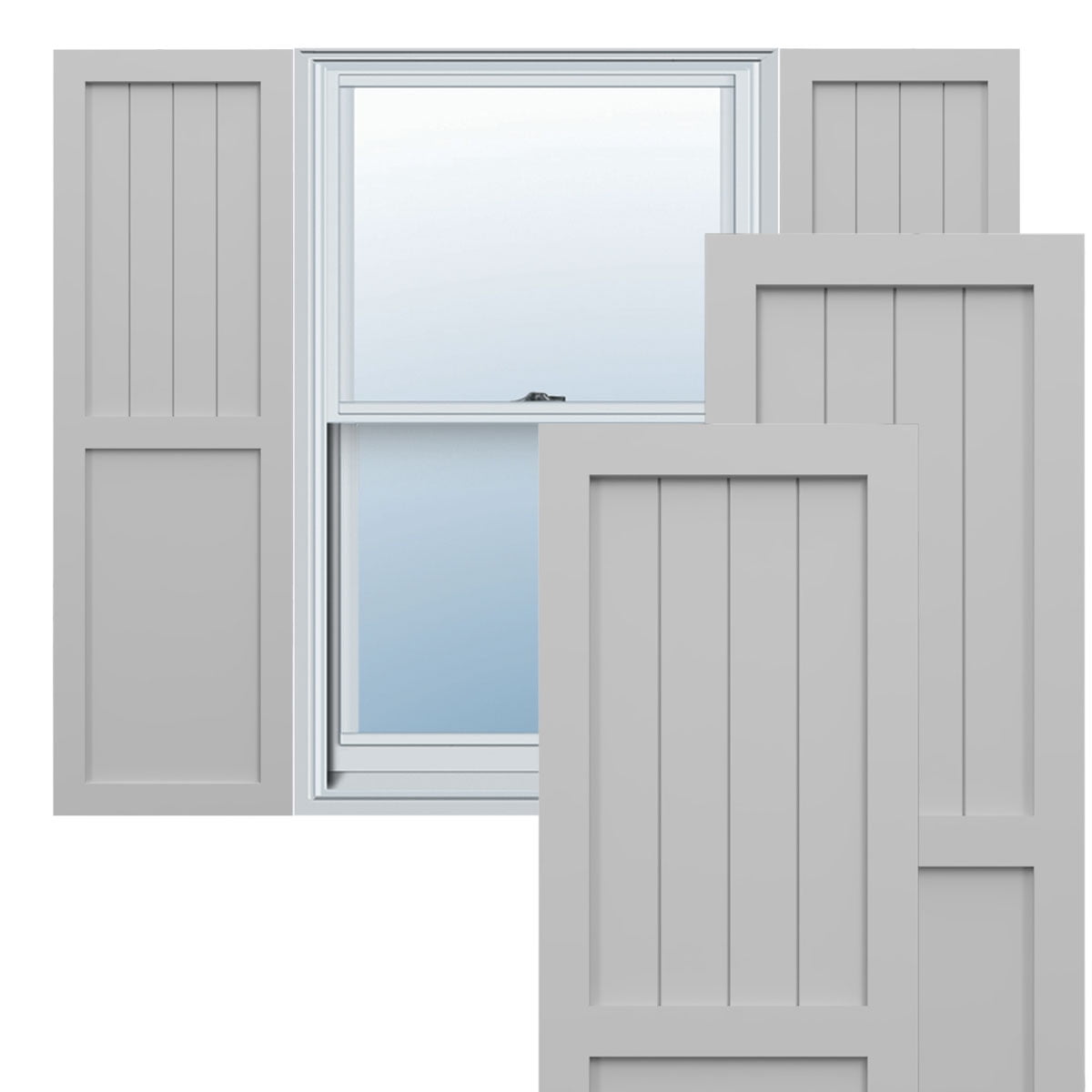 Ekena Millwork 15"W x 46"H True Fit PVC Farmhouse/Flat Panel Combination Fixed Mount Shutters, Primed (Per Pair - Hardware Not Included)