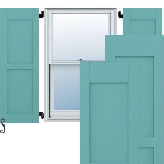 Ekena Millwork 15"W x 48"H Americraft Two Equal Flat Panel Exterior Real Wood Shutters (Per Pair), Pure Turquoise