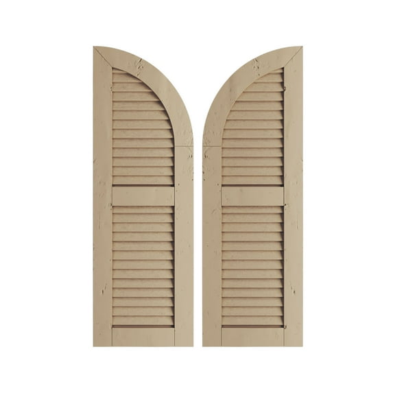 Ekena Millwork 15"W x 50"H (35" Low Side) Timberthane Knotty Pine Two Equal Louver w/Quarter Round Arch Top Faux Wood Shutters (Per Pair), Primed Tan