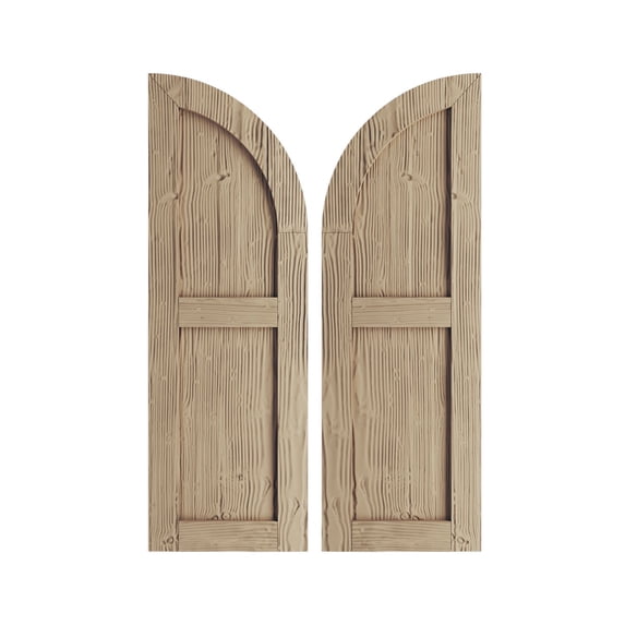 Ekena Millwork 15"W x 50"H (35" Low Side) Timberthane Sandblasted Two Equal Flat Panel w/Quarter Round Arch Top Faux Wood Shutters (Per Pair), Primed Tan