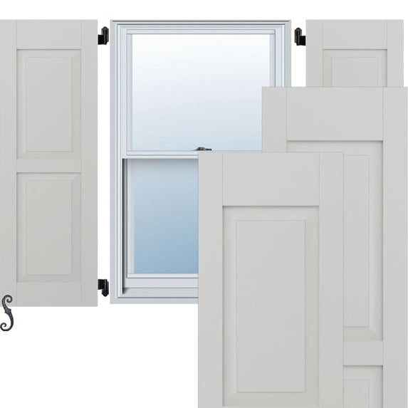 Ekena Millwork 15"W x 53"H Americraft Two Equal Raised Panel Exterior Real Wood Shutters (Per Pair), Hailstorm Gray