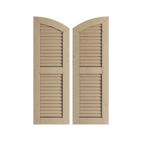 Ekena Millwork 15"W x 54"H (49" Low Side) Timberthane Knotty Pine Two Equal Louver w/Elliptical Top Faux Wood Shutters (Per Pair), Primed Tan