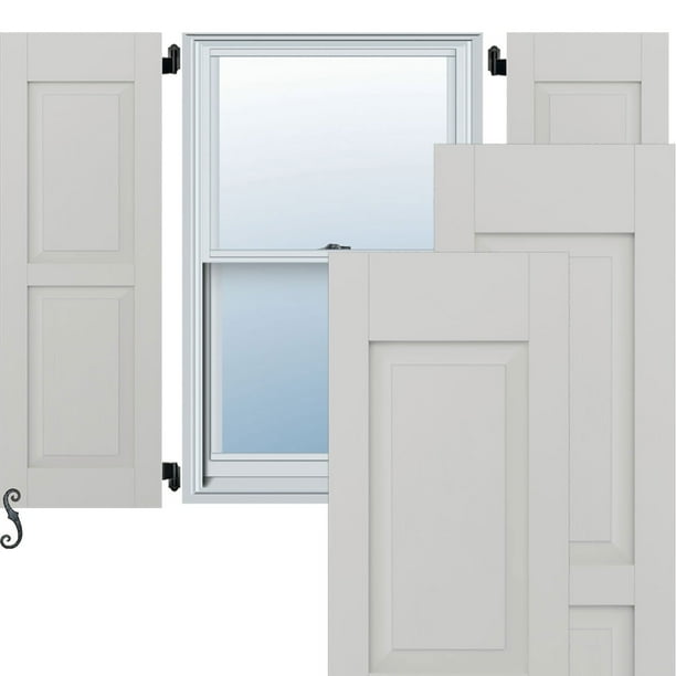 Ekena Millwork 15"W x 54"H Americraft Two Equal Raised Panel Exterior Real Wood Shutters (Per Pair), Hailstorm Gray