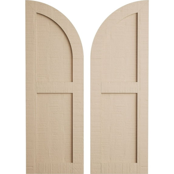 Ekena Millwork 15"W x 56"H (41" Low Side) Timberthane Rough Cedar Two Equal Flat Panel w/Quarter Round Arch Top Faux Wood Shutters (Per Pair), Primed Tan