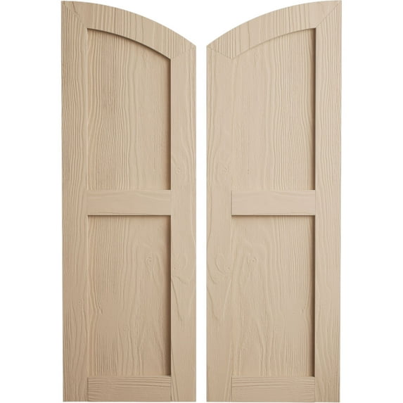 Ekena Millwork 15"W x 56"H (51" Low Side) Timberthane Sandblasted Two Equal Flat Panel w/Elliptical Top Faux Wood Shutters (Per Pair), Primed Tan