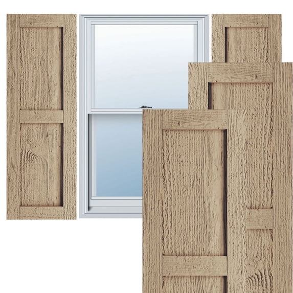 Ekena Millwork 15"W x 62"H Rustic Two Equal Panel Flat Panel Rough Sawn Faux Wood Shutters (Per Pair), Primed Tan