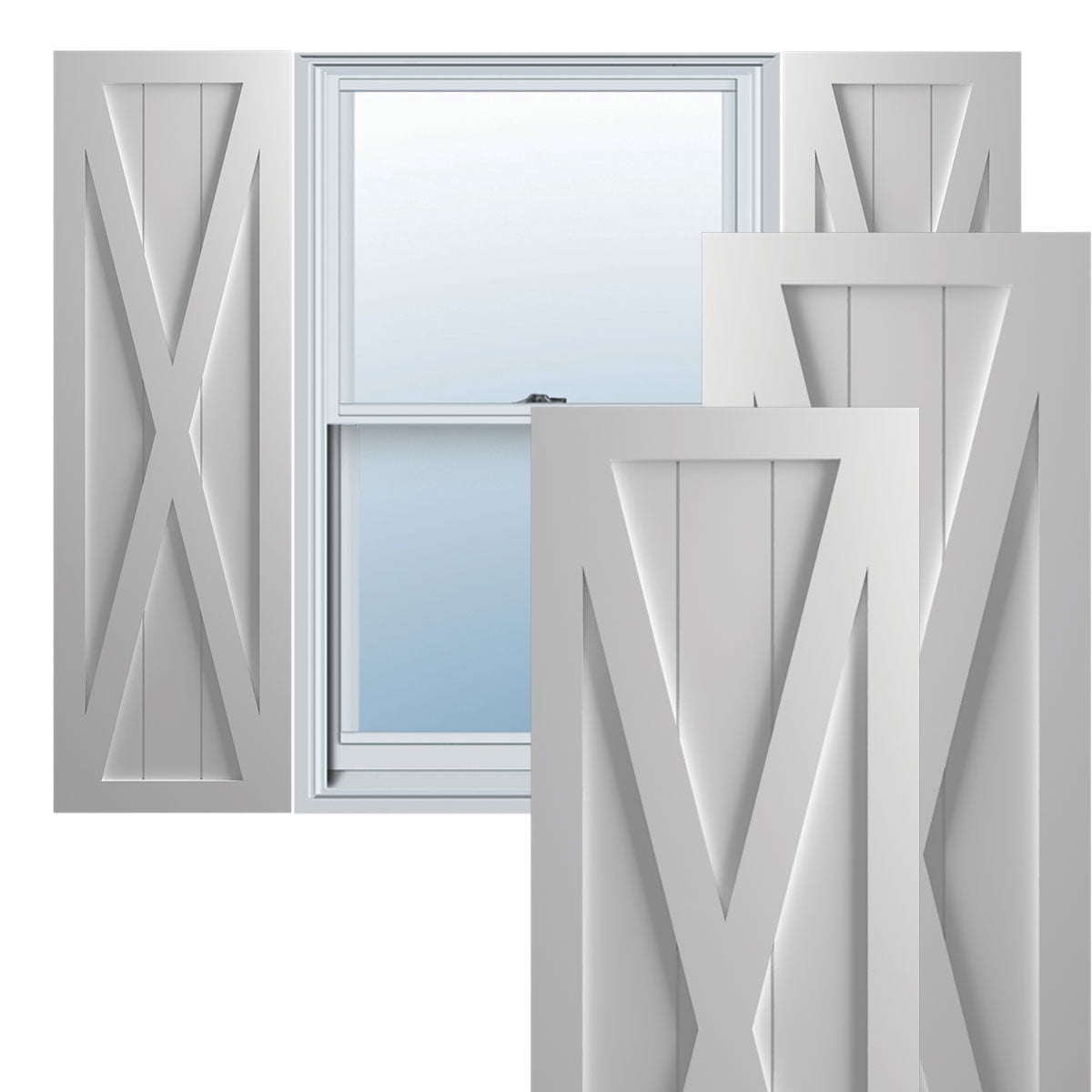 Ekena Millwork 15"W x 62"H True Fit PVC Single X-Board Farmhouse Fixed Mount Shutters, Primed (Per Pair - Hardware Not Included)