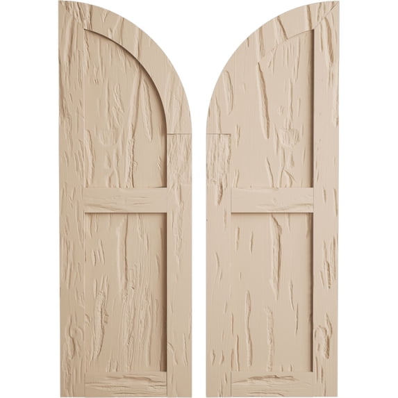 Ekena Millwork 15"W x 64"H (49" Low Side) Timberthane Pecky Cypress Two Equal Flat Panel w/Quarter Round Arch Top Faux Wood Shutters (Per Pair), Primed Tan
