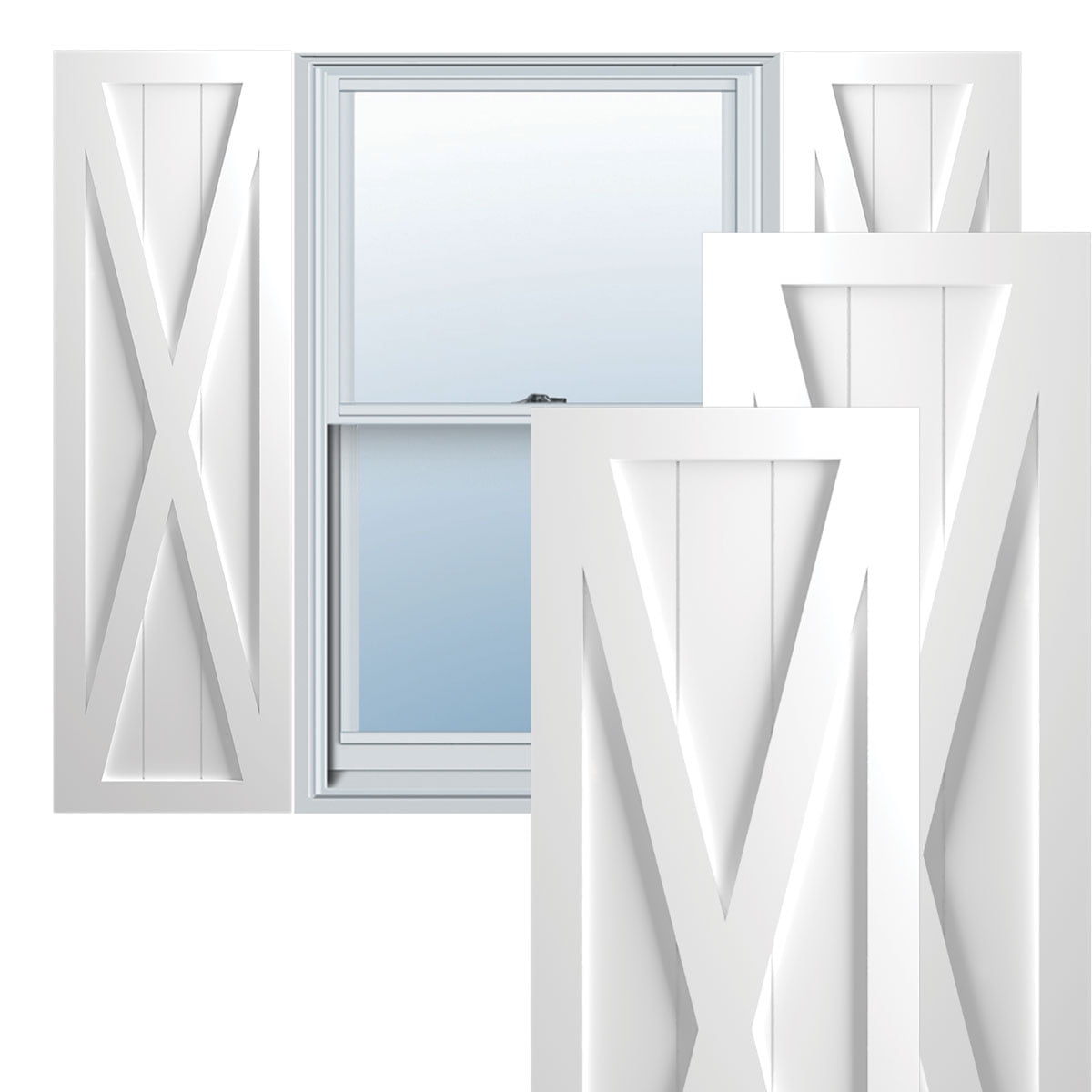Ekena Millwork 15"W x 65"H True Fit PVC Single X-Board Farmhouse Fixed Mount Shutters, White (Per Pair - Hardware Not Included)