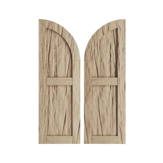 Ekena Millwork 15"W x 66"H (51" Low Side) Timberthane Riverwood Two Equal Flat Panel w/Quarter Round Arch Top Faux Wood Shutters (Per Pair), Primed Tan