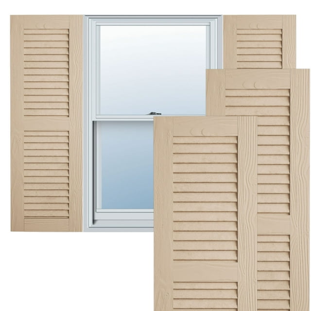 Ekena Millwork 15"W x 74"H Rustic Two Equal Louver Sandblasted Faux Wood Shutters (Per Pair), Primed Tan