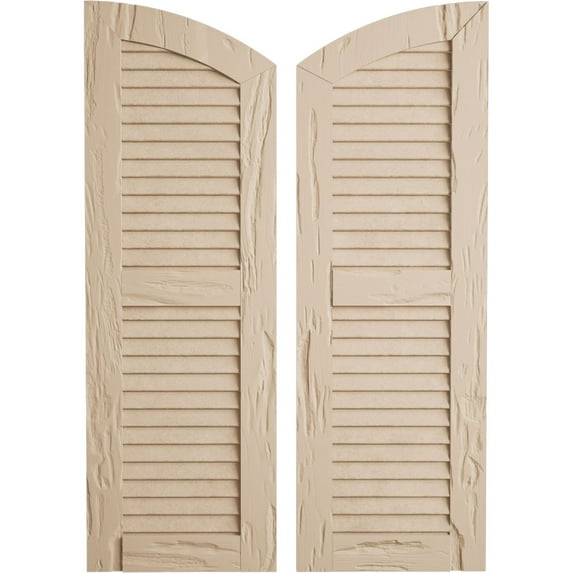 Ekena Millwork 15"W x 84"H (79" Low Side) Timberthane Pecky Cypress Two Equal Louver w/Elliptical Top Faux Wood Shutters (Per Pair), Primed Tan